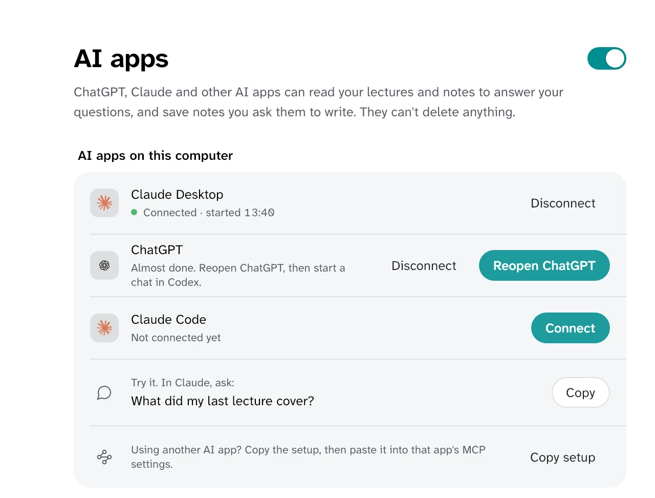 Settings, AI apps: Claude Desktop connected, ChatGPT almost done with a Reopen ChatGPT button, Claude Code with a Connect button, and a question to try in Claude.