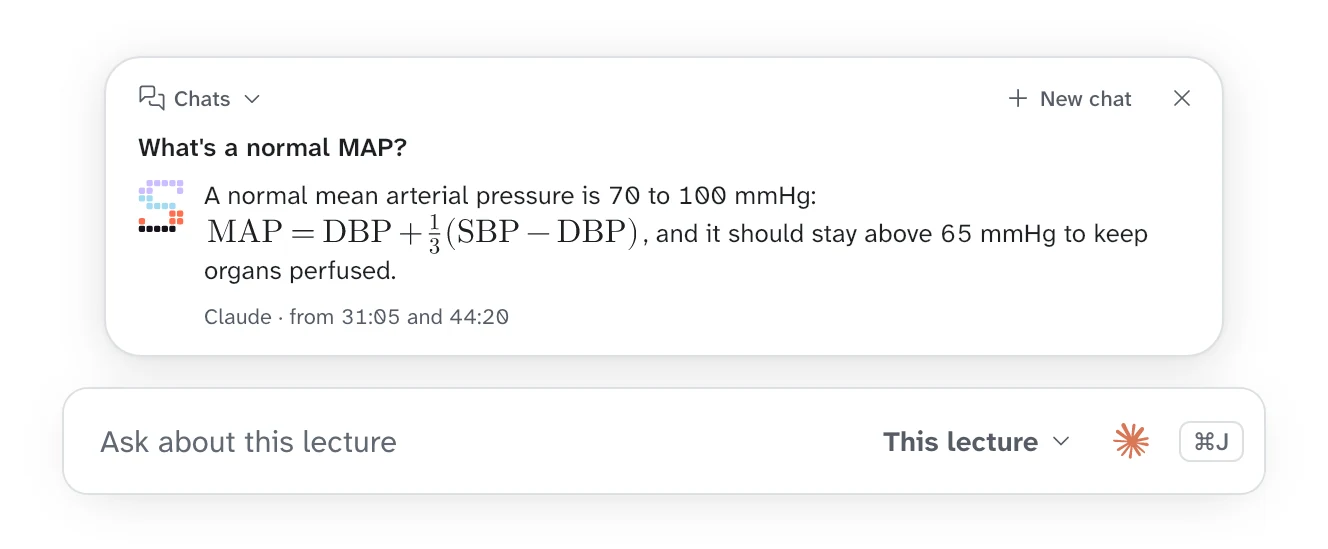 An answer to 'What's a normal MAP?': 70 to 100 mmHg, with its formula, from Claude, with the minutes of the lecture it came from, above the Ask bar.