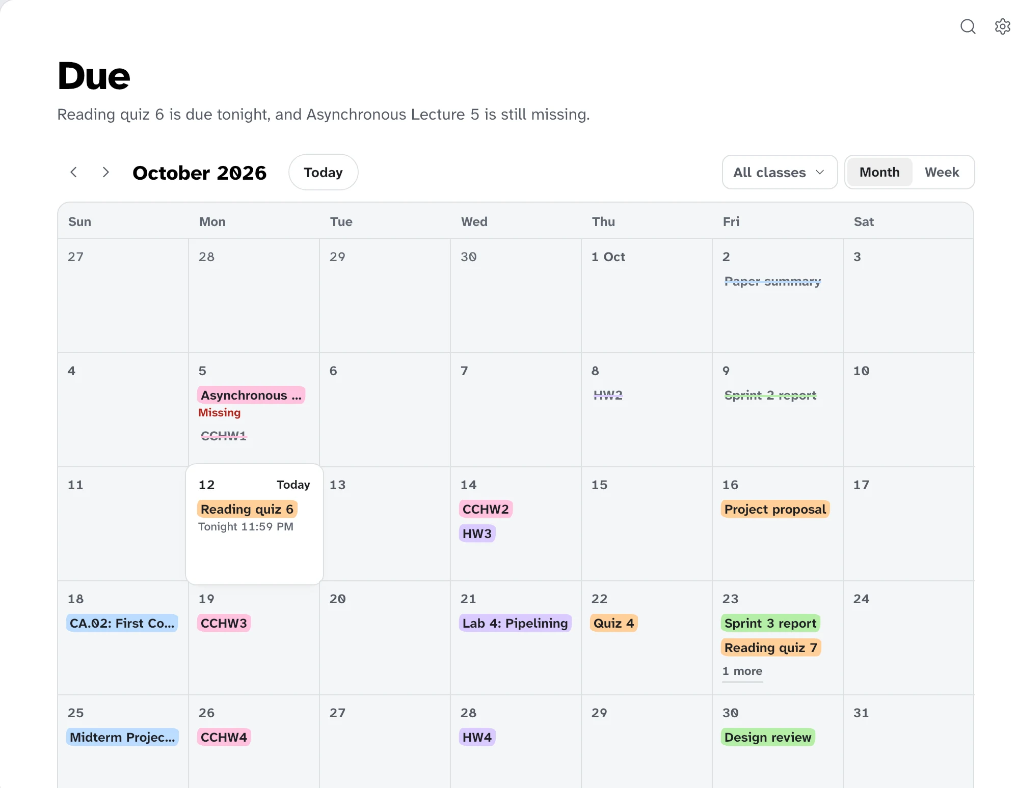 The Due page: October as a calendar, with each class's assignments, quizzes and projects on the days they're due, in the class's colour, and what's missing.