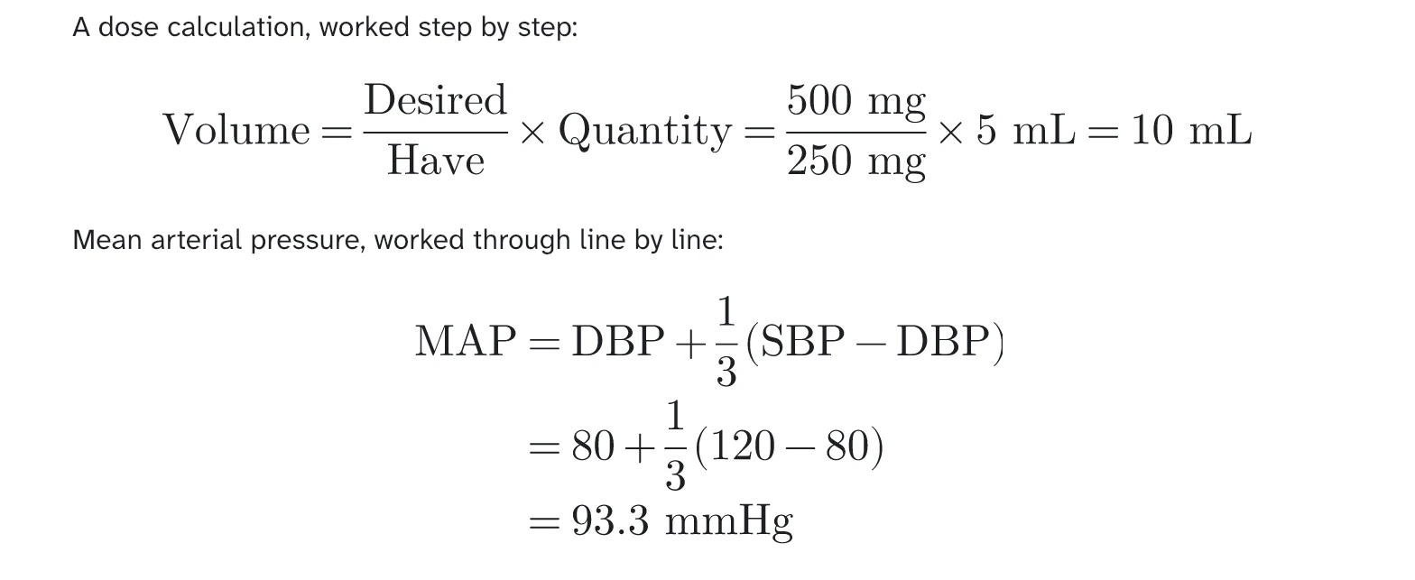 Formulas in the notes: a dose worked out as desired over have times quantity, and mean arterial pressure worked through line by line to 93.3 mmHg.