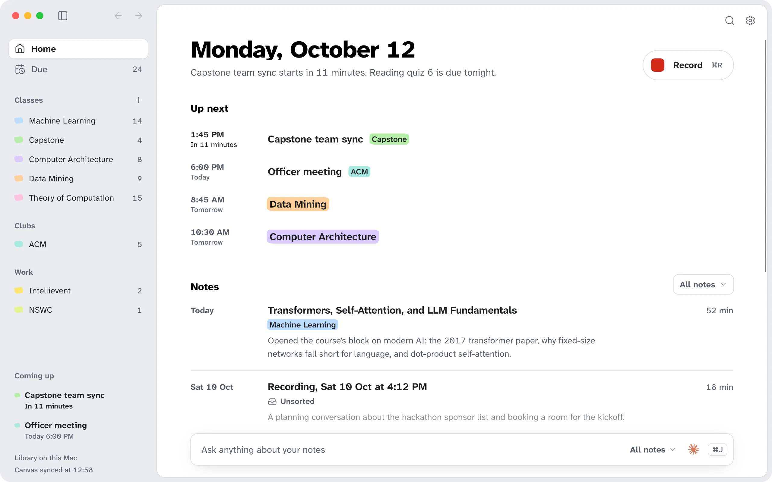 Syft Notes' Home page: Monday, October 12, the day's classes and meetings under Up next, the newest notes with a line about each, a Record button and an Ask bar, and the classes, clubs and what's coming up down the side.