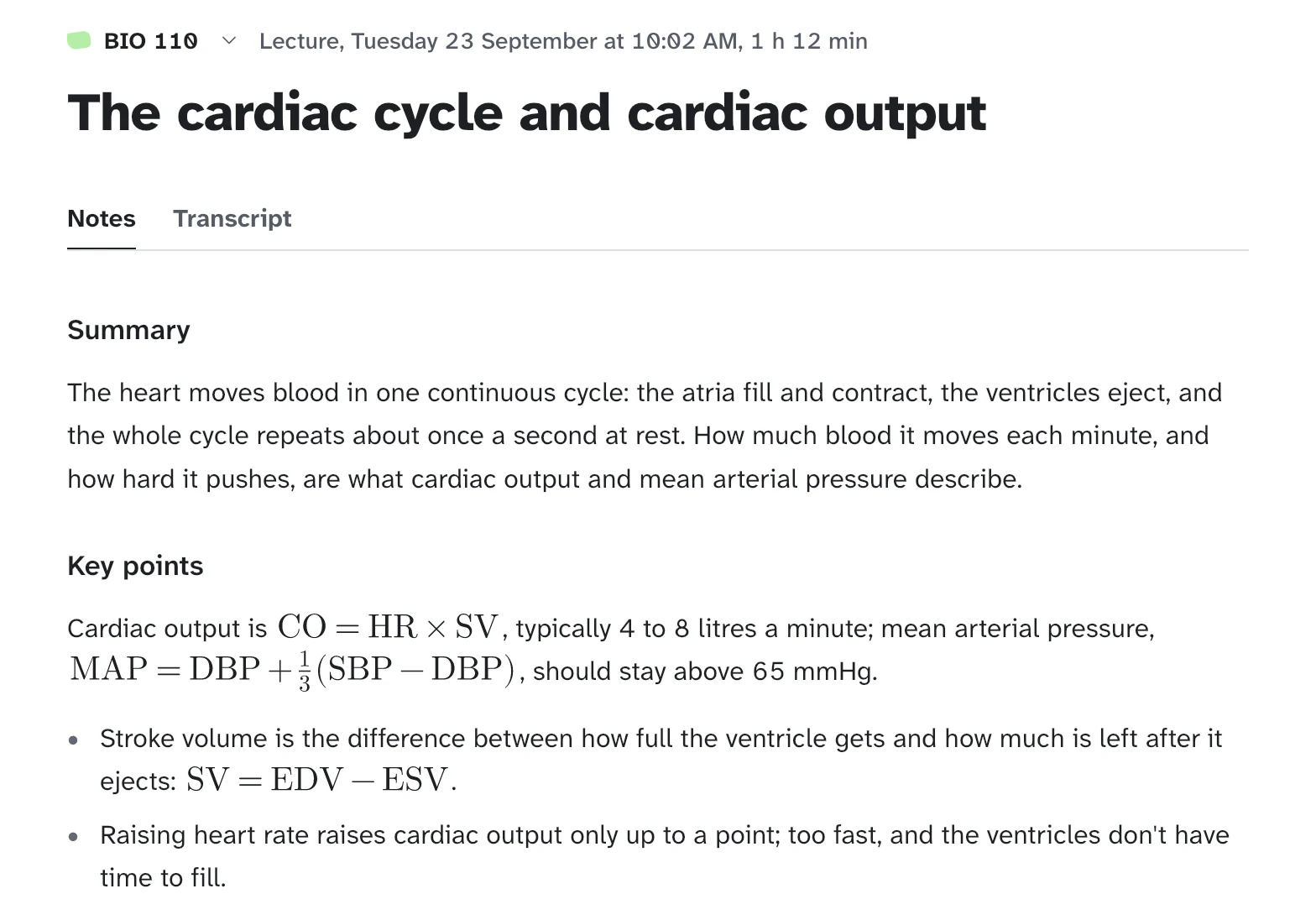 The notes for 'The cardiac cycle and cardiac output': a summary, then the key points, with cardiac output and mean arterial pressure written as formulas.